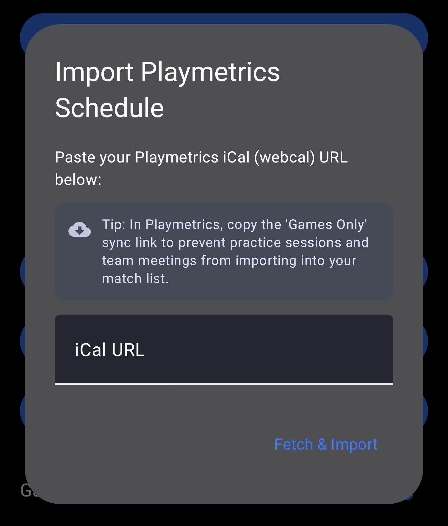 Pasting your PlayMetrics schedule link into 11Kits